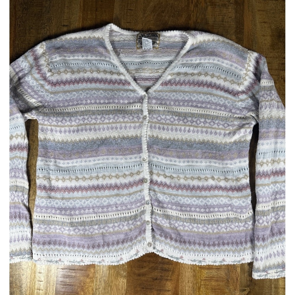 Vintage Fair Isle Cardigan Sweater L Cottagecore Grandmacore Ramie Cotton Knit